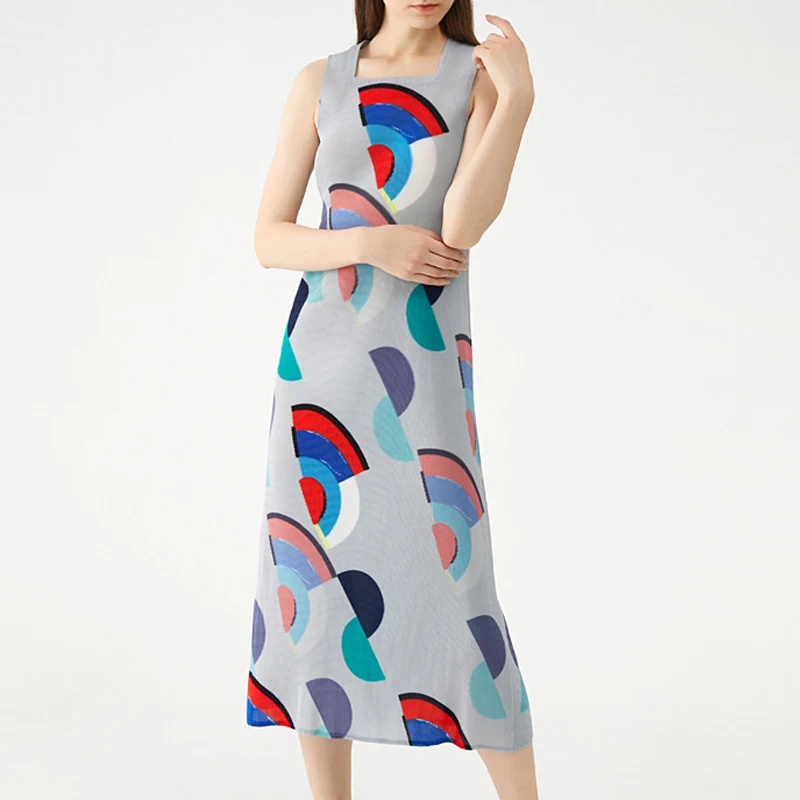 

miyake Pleated Printed Long Skirt 2021 Summer New Sleeveless Korean Thin Square Neck Mid-calf casual dress for woman