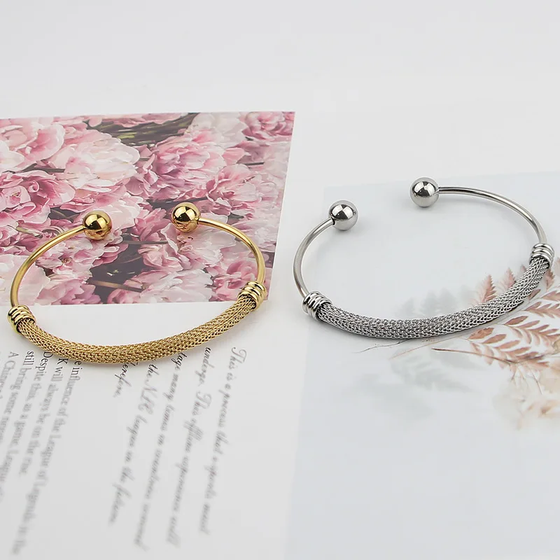 Simple Stainless Steel Twisted Wire Mesh Opening Steel Ball Ladies Bracelet Birthday Anniversary Gift Wholesale image 5