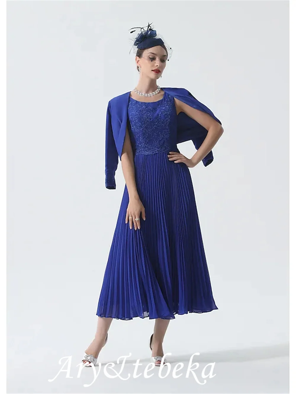 Moeder Van De Bruid Jurk Elegant & Luxe Wrap Inbegrepen Hals Thee Lengte Chiffon 3/4 Lengte Mouw Met Kant ruching 2021