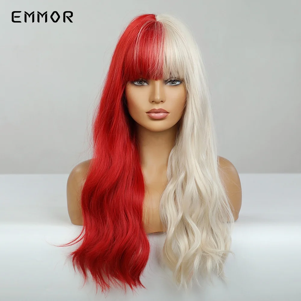 Emmor Cosplay Wigs One Half Red One Half Light Blonde Party Hair Wig Natural Heat Resistant Fiber Lolita Wigs Halloween Wig