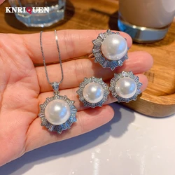 2021 Trend 14mm White Pearl Lab Diamond Pendant Necklace Ring Earrings for Women Wedding Party Jewelry Sets Charms Birthday Gift