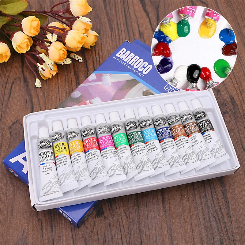 6 ml 12 Color Professional Acrylic Paints Set Hand Painted Wall Paint Tubes Artist Draw Painting Pigment Free Brush