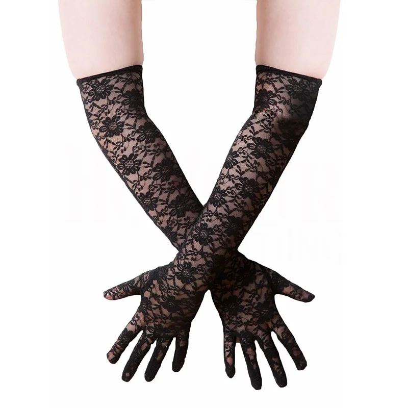 

44cm Sexy Lace Thin Black Hollow Transparent Long Gloves Soft Breathable Flower Net Yarn Women Man Performance Party Elasticity