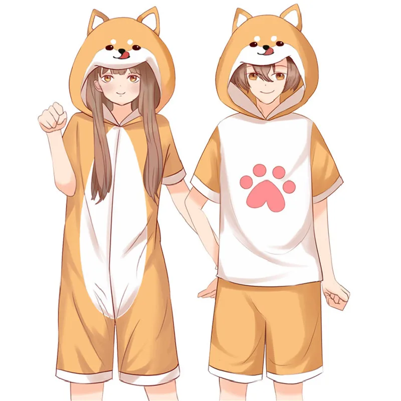 Kawaii Shiba Inu Pajamas Onesie Adults Kigurumi Corgi Hooded Sleepwear Plus Size Cute Anime Short Jumpsuit Women Men Nightwear