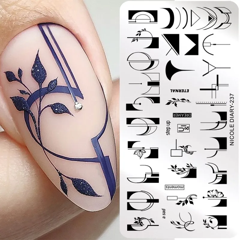 NICOLE DIARY French Nail Art Stamping Plate Geometry Wave Line Flower Leaf Image Nail Stamp Templates Gel Polish Printing Plate