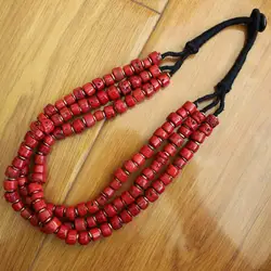 NK223 Ethnic Tibetan Red Lampwork Glass Beaded Necklace Handmade Nepal 3 Rows Women Necklace