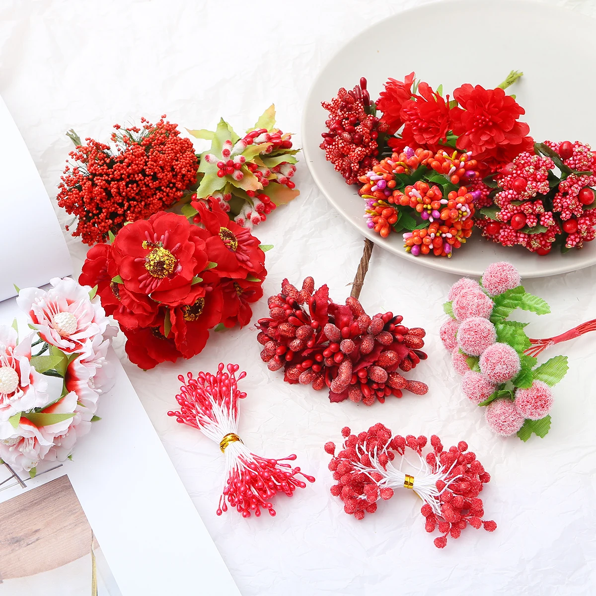 6/10/12/50/60/70/90/144/288pcs Yellow Flower Cherry Stamen Berries Bundle DIY Christmas Wedding Cake Gift Box Wreaths Decor