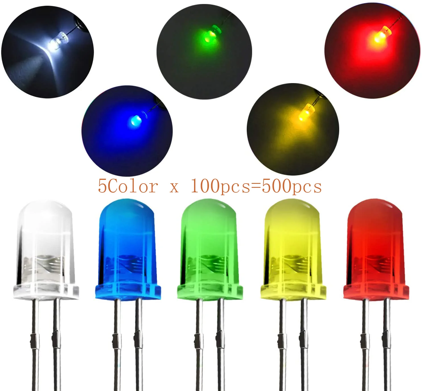 500Pcs 5color x 100pcs 3MM LED Diode Assorted Kit Mixed Color Red Green Yellow Blue White DIY led diode kit leds set