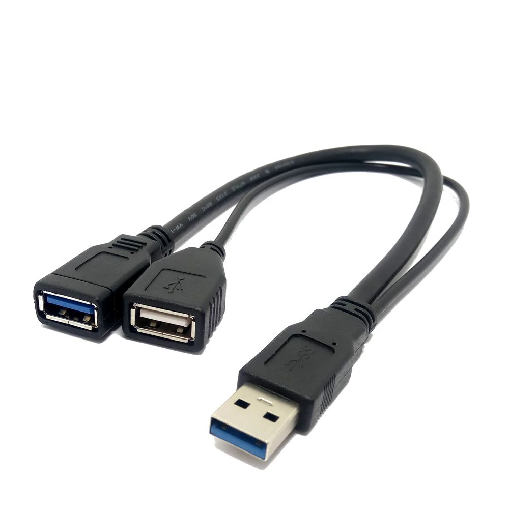 One split two USB male pair bus, three heads, double female ports, one driving two data lines, revolution two bus extension line