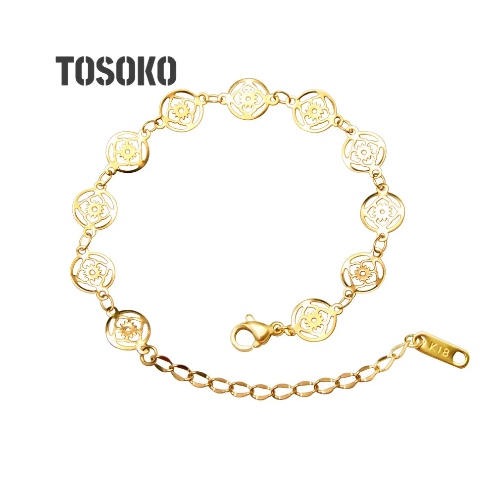 TOSOKO Roman Hollow Flower Stainless Steel Jewelry Temperament Bracelet For Women Anime Women's Bracelets BSE089