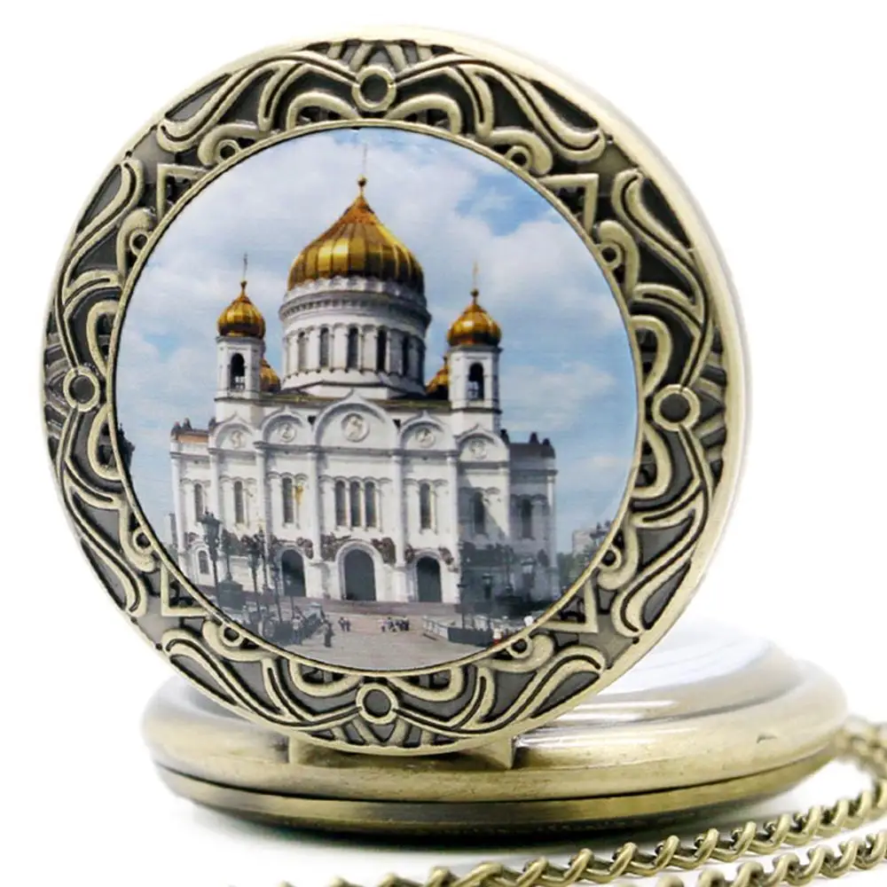 Orthodox Church Moscow Famous Russian Christian Saviour Cathedral Pattern Quartz Pocket Watch Religious Necklace Pendant Watch