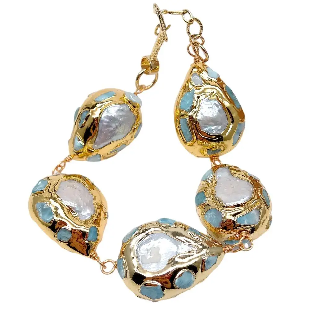 KKGEM Natural  22x28mm Blue larimar Chips Teardrop White Coin Freshwater Pearl Pave Gold Color Plated  Wrap Bracelet  9\