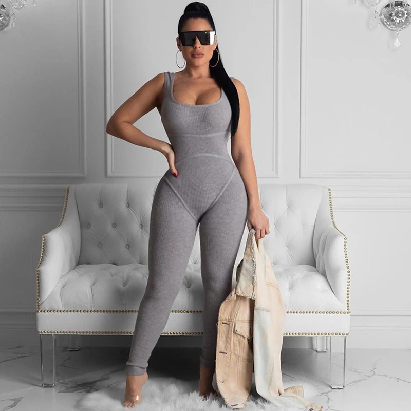 Ribbed Casual Workout Rompers Womens Jumpsuit Backless Sleeveless Fitness Active Wear Bodycon Fashion Jumpsuits Summer