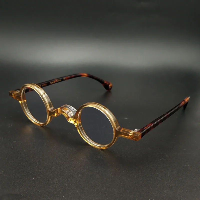 Handmade Acetate Eyeglass Frames Small Round Eyewear Glasses Dark Leopard Retro，34mm small circular myopia optical glasses