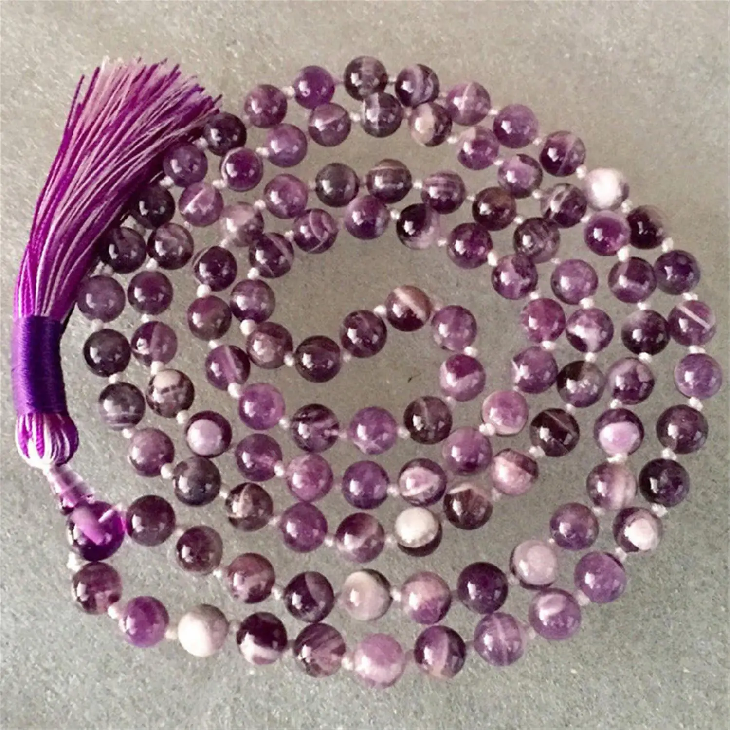 

8mm Amethyst Purple Crystal 108 Beads Handmade Tassel Necklace Buddhist Spirituality Chakra Tibetan Buddhism Japa Mala Retro