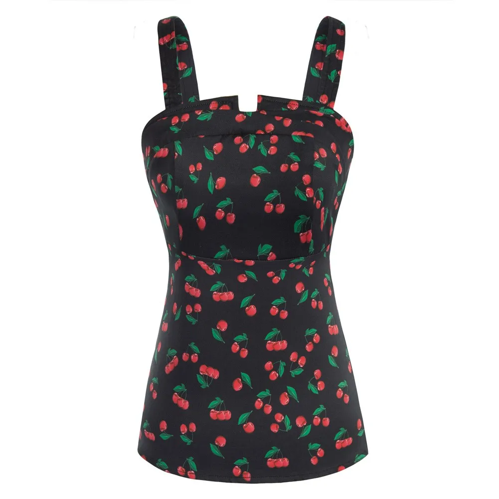 BP Women 1950S Vintage Cherries Print Tops Wide Straps Smocked Back Slim Fit Tank Top 1950s Pin Up Style Summer Blouse A20