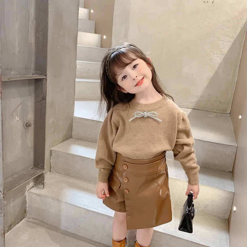 Fashion New Girl PU Leather Skirt Shorts Infant Toddler Child Button Irregular Short Wide Leg Brown Black White Baby Clothes1-7Y