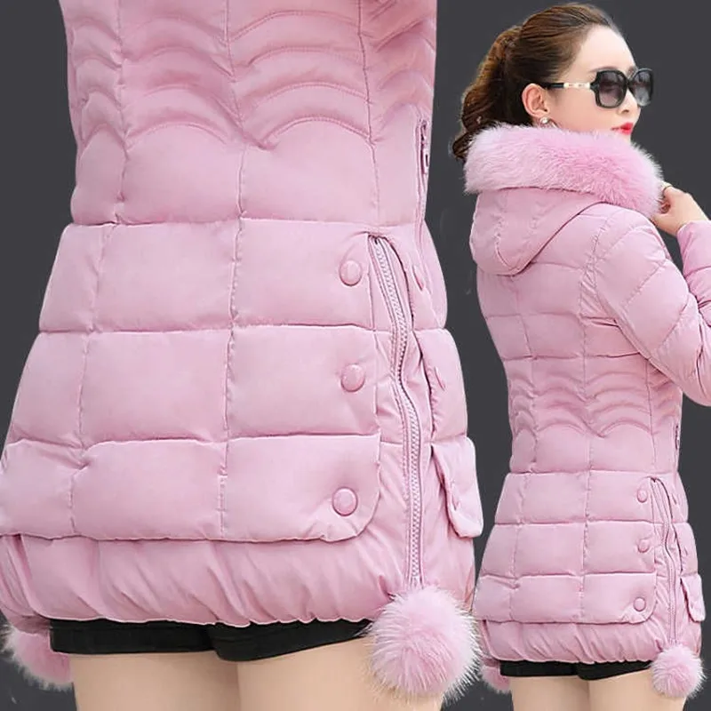 Fdfklak Plus Size Thick Slim-Fitting Women Winter Coat Mid-Length Korean Fur Collar Down Cotton Zipper Hoodie Oversize Jacket