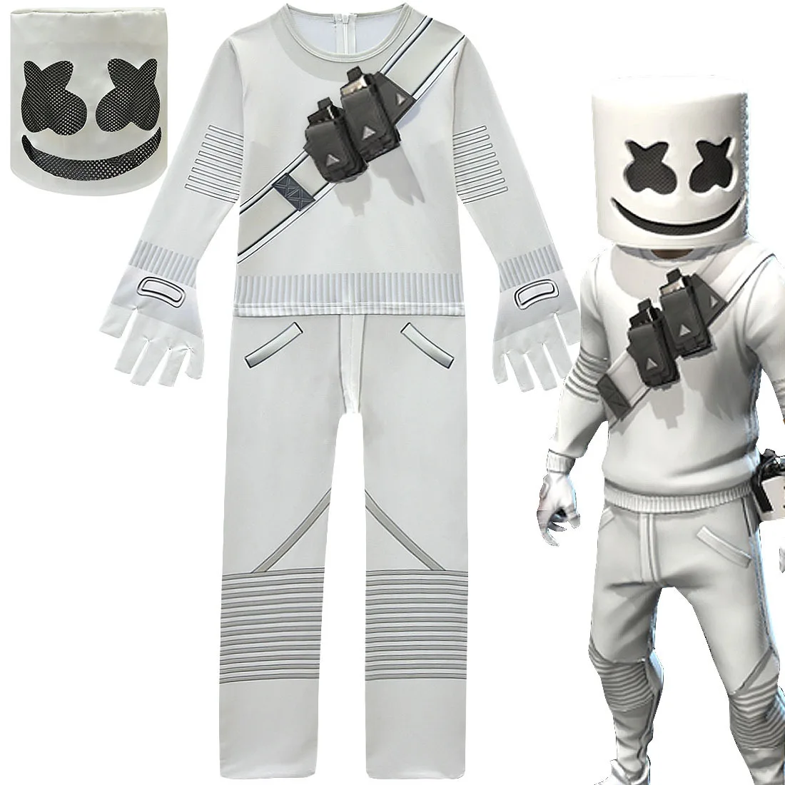 Kids Popular DJ Marshmello Cosplay Halloween Costume with Mask Boys Girls Jumpsuit Carnival Party Electric Syllables Bodysuit