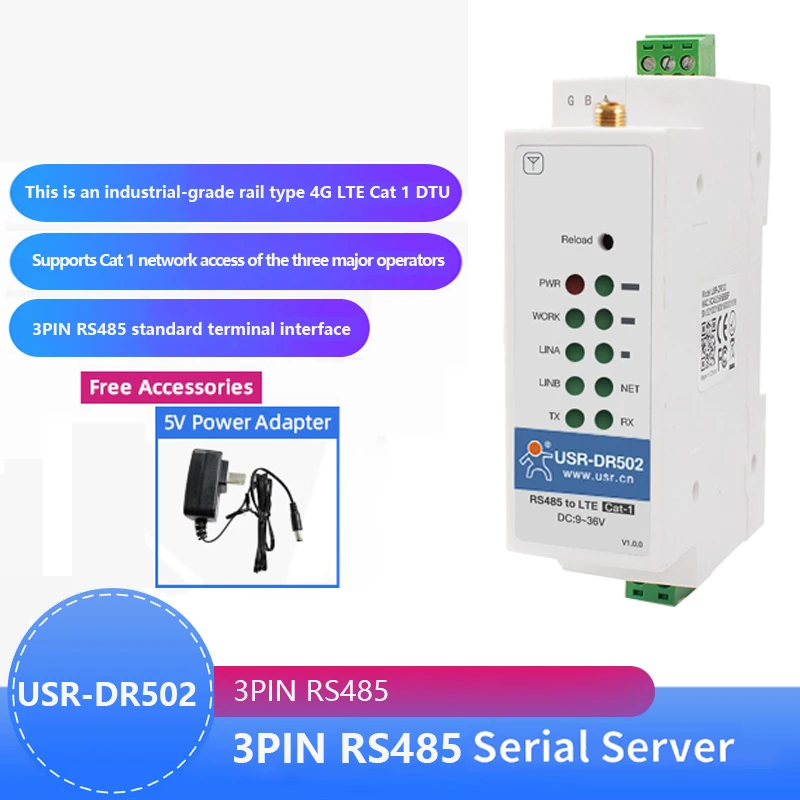 

USR-DR502-E din-rail 4g lte cat 1 modem 9-36v wide range support rs485 serial port built-in 35mm noise rail seat cost-effective