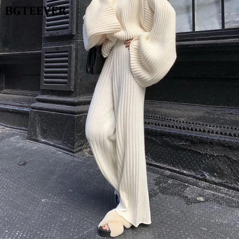 BGTEEVER Casual Warm Loose Floor-length Sweater Pants for Women Autumn Winter High Waist Wide Leg Knitted Trousers Femme 2021