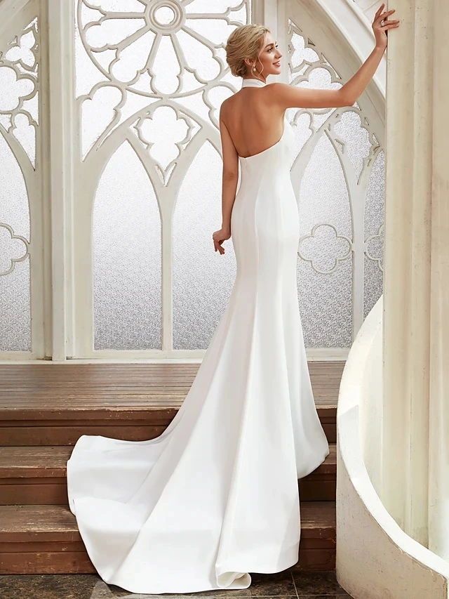 Soft Satin Mermaid Wedding Dresses Halter Neck Court Train Straps Simple Backless Elegant Bridal Gown Robe De Mariage