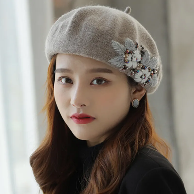 Beret Hats for Women French Artist hat Fashion Ladies Winter Beanie Embroidered Handmade Flower with Colorful Crystal