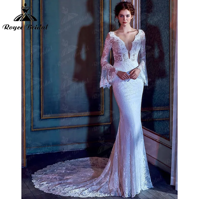 Robe de mariée sirène style Boho, ravissante, col en V profond, manches longues évasées, dos nu, balayage avec traîne, 2022