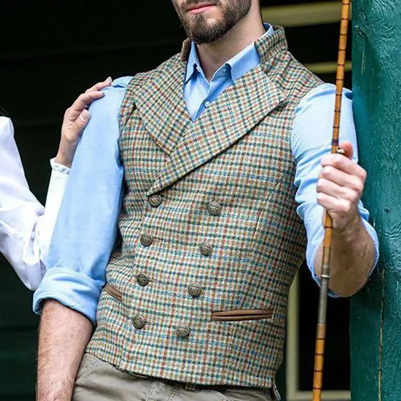 Gilet à carreaux à double boutonnage pour hommes, col de costume, taille fine, tenue formelle décontractée, vêtements de mariage pour garçons
