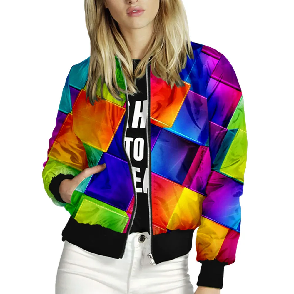 Women Jackets Colorful Grid Printed Ladies Zipper Up Bomber Outwear Autumn Long Sleeve Short Thin Slim Casual Pocket Biker Coats