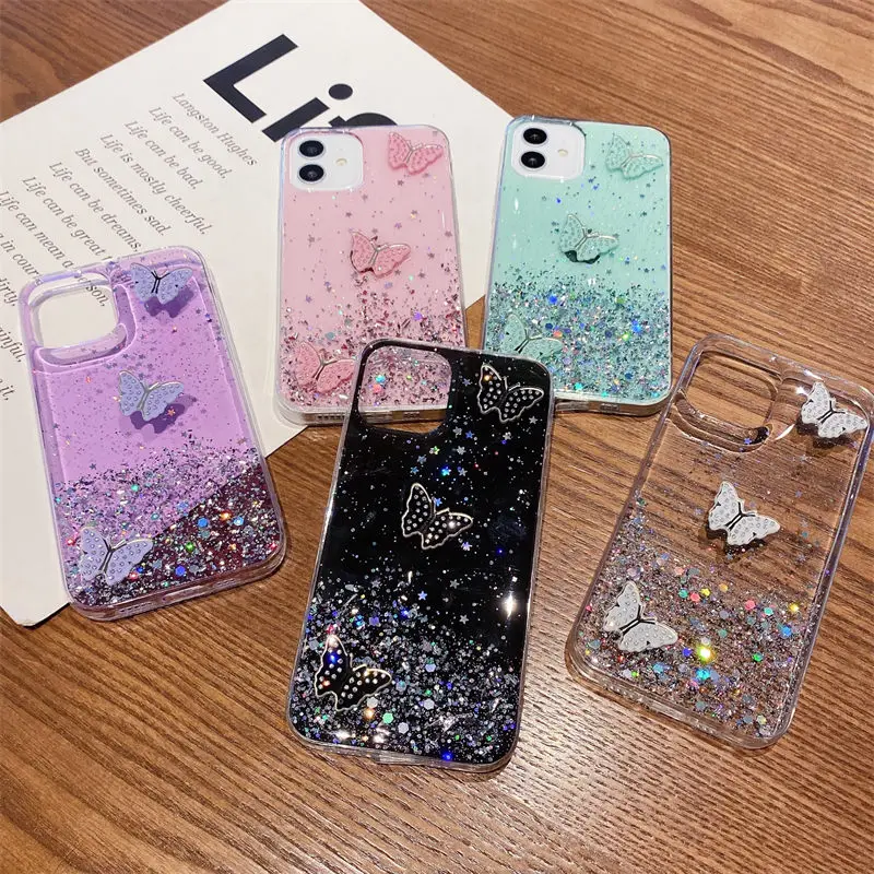 Glitter Butterfly Case for Poco M4 M3 X3 Pro Xiaomi Redmi Note 11 Pro Redmi 9A 9C 9 Note 8T 8 9 10 Pro Max Mi 11 Lite Bling Capa