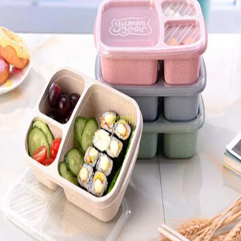 

3 Grid Wheat Straw Lunch Box Microwave Bento Box Quality Health Natural Student Portable Food Storage Box Tableware