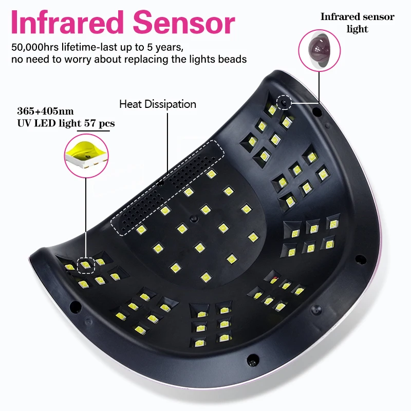 Uv ledネイルドライヤーランプ,インテリジェントセンサー付き57ledアクリルマニキュアマシン,低熱モード,ピンク