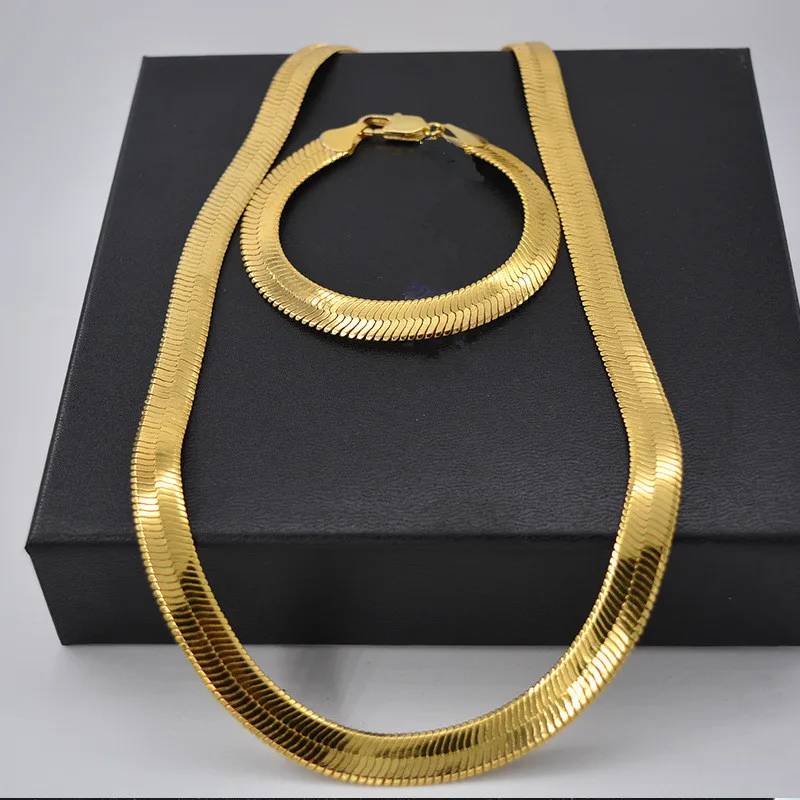 Trend Jewelry Set Yellow Gold Filled Flat Herringbone Chain Necklace & Bracelet Sets Men Accessories 24”+ 8.26“