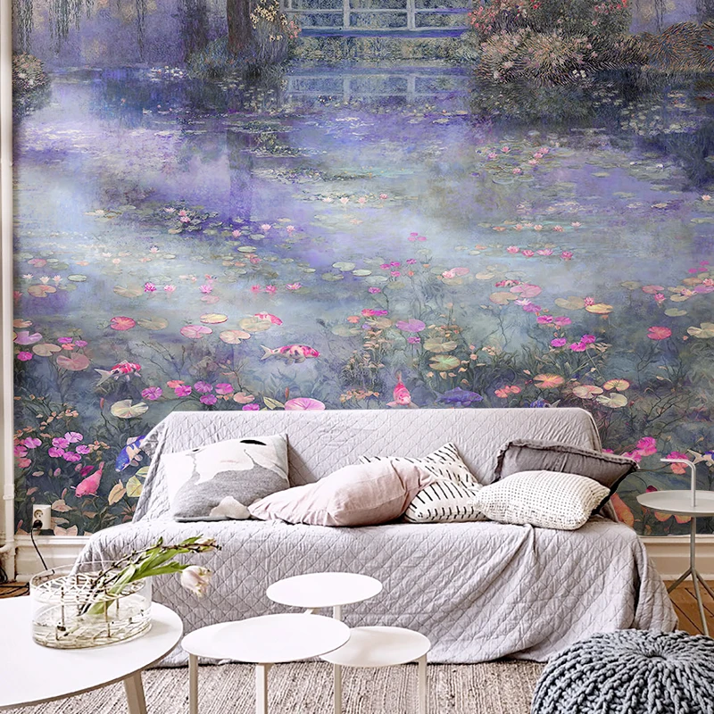 

Сельские водные лилии, пейзажные фрески, огнестойкие обои для ТВ, настенные обои, картина маслом, стиль, индивидуальный домашний декор