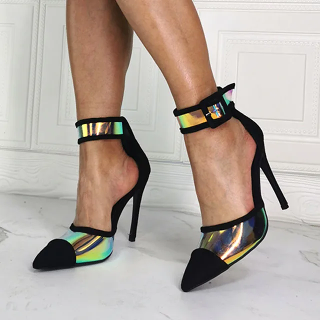 Multi lights Reflecting PVC Patchwork Pumps Woman Black Pointed toe Ankle Strap Thin High Heel Slip On Party Shoes