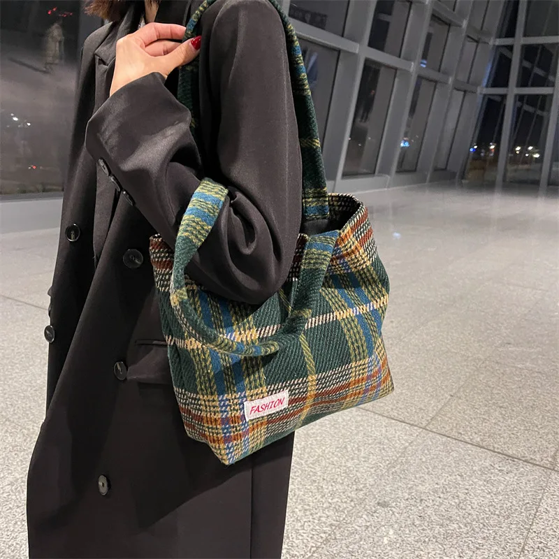 Tote Women\'s Bag Shoulder Wool Shopper Bags For Women Large Capacity Autumn Winter New Soft Plaid Ladies Travel Designer Handbag