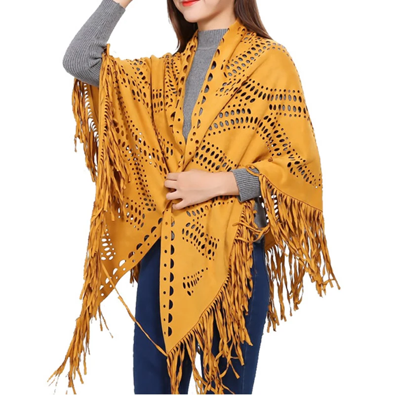 2024 Fashion Summer Hollow Women\'s Cape Shawl Open Poncho Elegant Suede Tassel Retro Simple Wrap Dropshipping