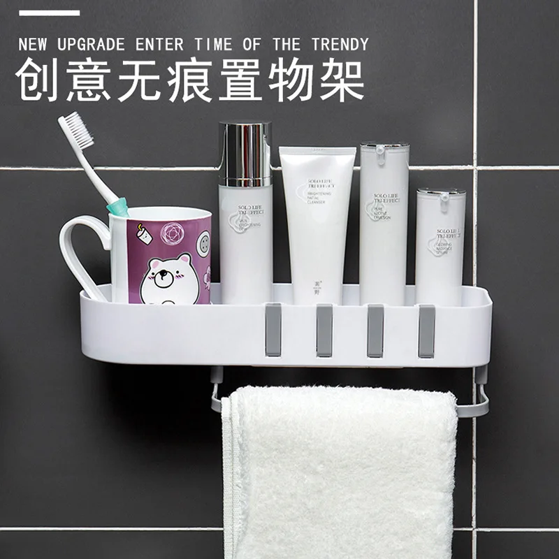 Bathroom Shelf Wall Mount Shampoo Rack With Towel Bar Shower Caddy Organizer No Drilling Kitchen Bathroom Storage Accessories