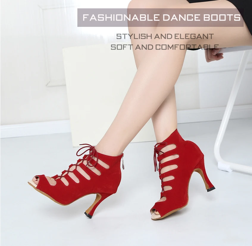 Schwarze Latein-Tanzschuhe für Damen Tango Salsa Rumba Ballroom Satin Tanzstiefel Damen Rote Sexy Pole Dance Schuhe Damen High Heels – Detail 1