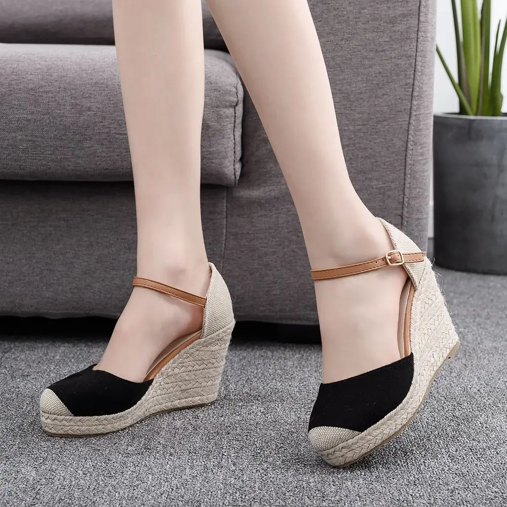 

Fashion buckle color block sandals Shoes Suede Wedges High Ankle Sandals Round Toe Casual Shoes High Slope Round Head Sandals