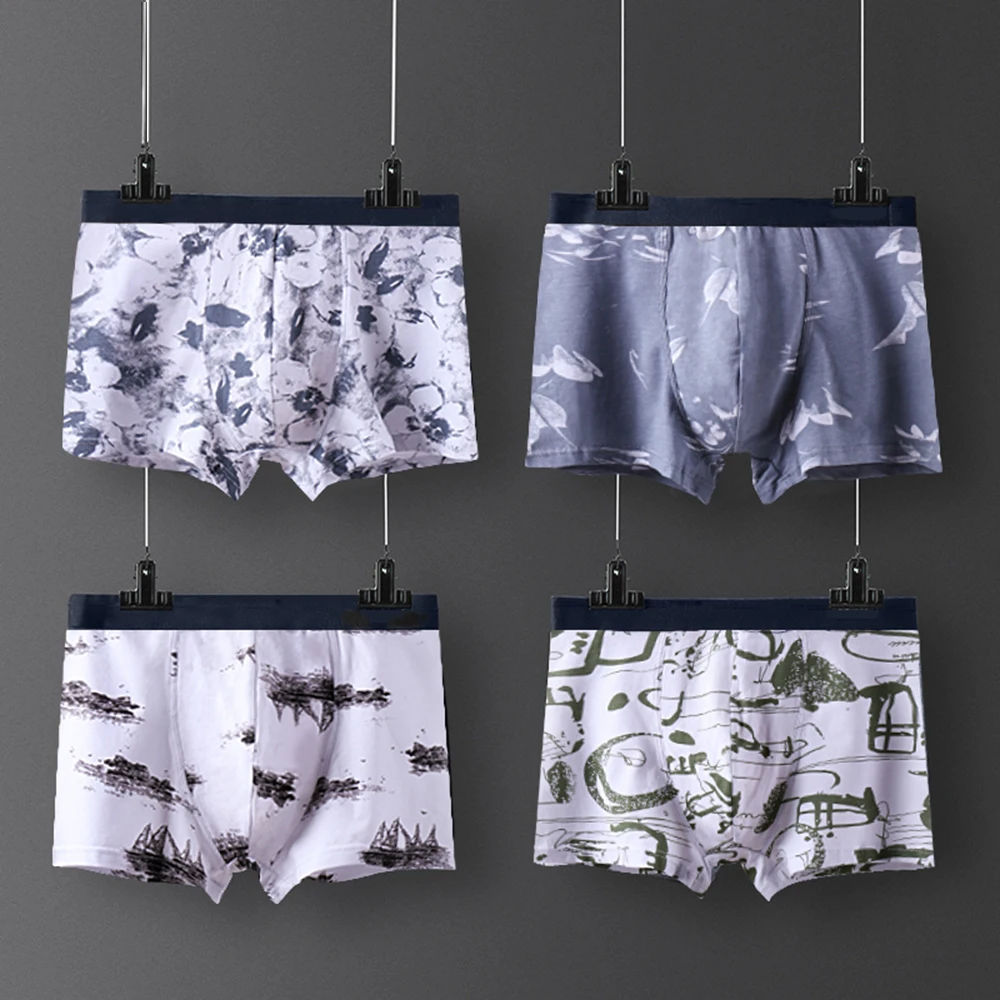 Boxer Shorts Cotton Print Underwear Men Boxershorts Cotton Men\'s Panties Male Underpants Mid Waist Breathable Boxershorts Long