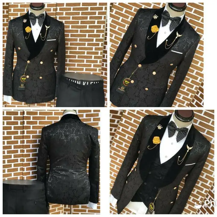 2024 High Quality Terno Slim Fit Black Jacquard Smoking Tuxedo Jacket Groom Party Suit For Men 3 Pieces Wedding Best Man Blazer