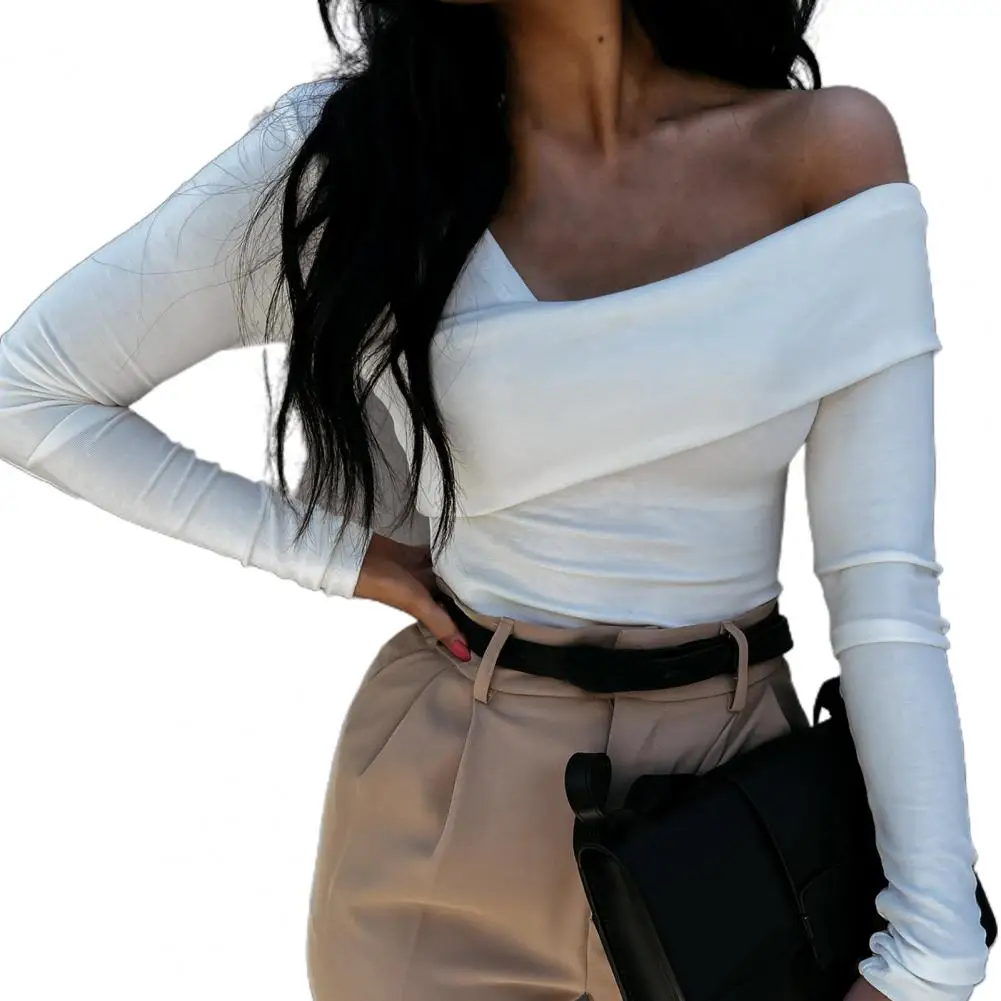 Off Shoulder Women bluzka elegancka bez ramiączek ukośna szyja 2021 koszule jesienne bez pleców, długa rękaw Slim damska bluzka Streetwear