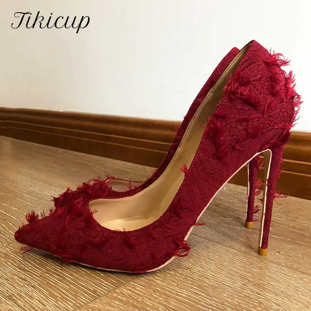 Tikicup Burgundy Women Tassel Fabric Pointed Toe Stiletto Pumps Distressed Extremely High Heel Shoes for Ladies 8cm 10cm 12cm