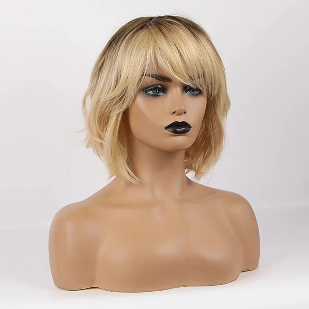 synthetic Costume Wig Medium Length Curly Natural Wave Asymmetrical Side Part With Bangs Blonde Women + Free Wig Cap