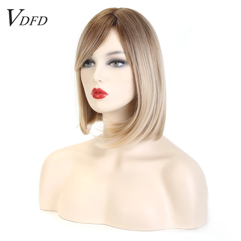 

VDFD Short Bob Ombre Light Blonde Platinum Wig with Bangs Straight Synthetic Wigs for Women Loose Wave Fake Hair Heat Resistant