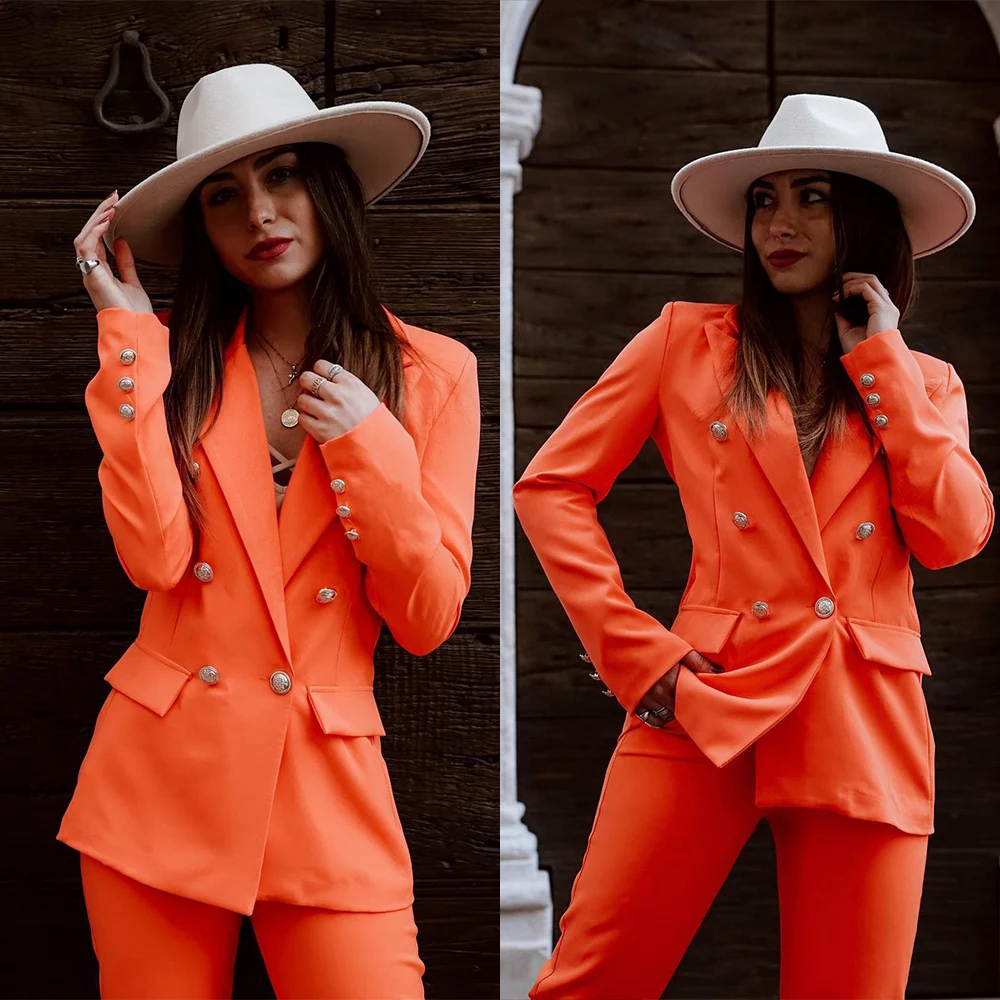 Vintage Orange Women Suits 2 Pieces Daily Double Breasted Peaked Lapel Pocket Jacket Custom Made Blazer