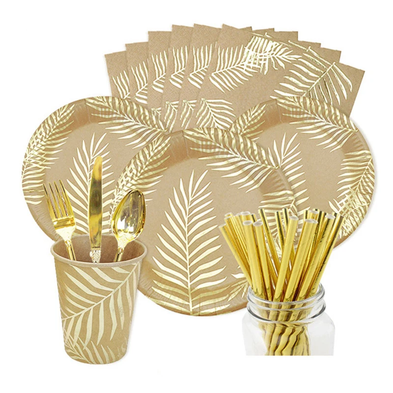 Hawaii Pineapple Kraft Paper Tableware Gold Colored Palm Leaf Pattern Plate Cup Paper Straw Party Wedding Birthday Cutlery Dcoer