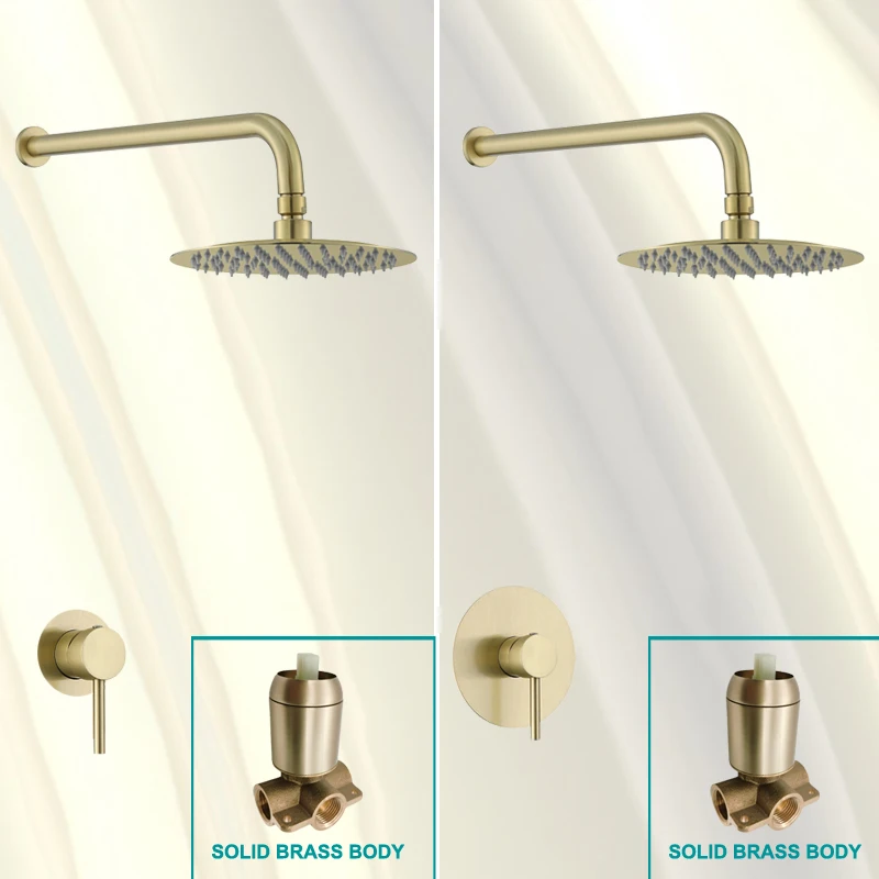

In Wall Concealed Top Overhead Bathroom Shower Faucet Mixer Hot and Cold 10 Inch 250mm Round Big Small Plate Brushed Gold